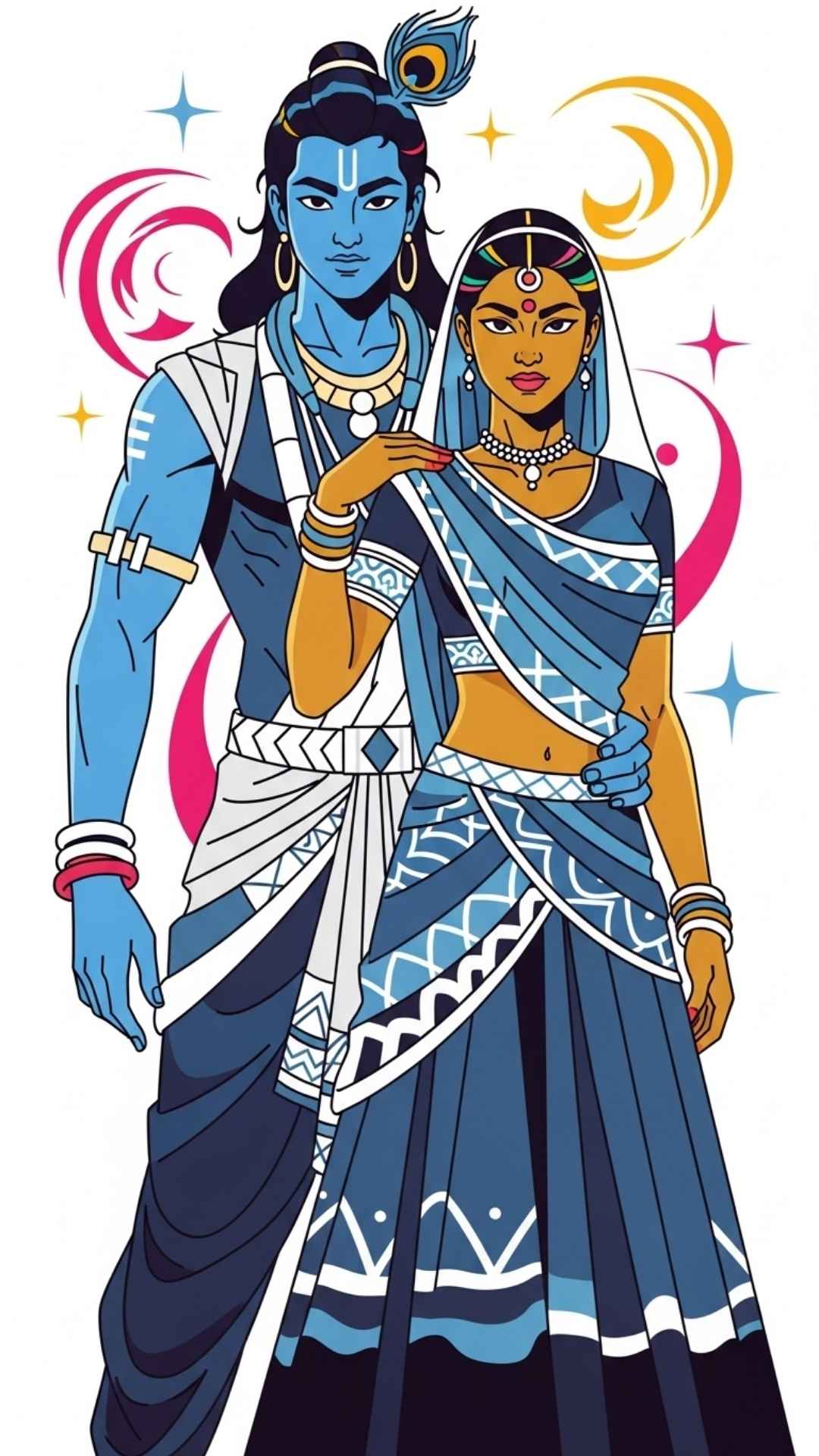 Graphic novel-style illustration of Radha and Krishna, bold outlines and cool colors for a dynamic profile picture