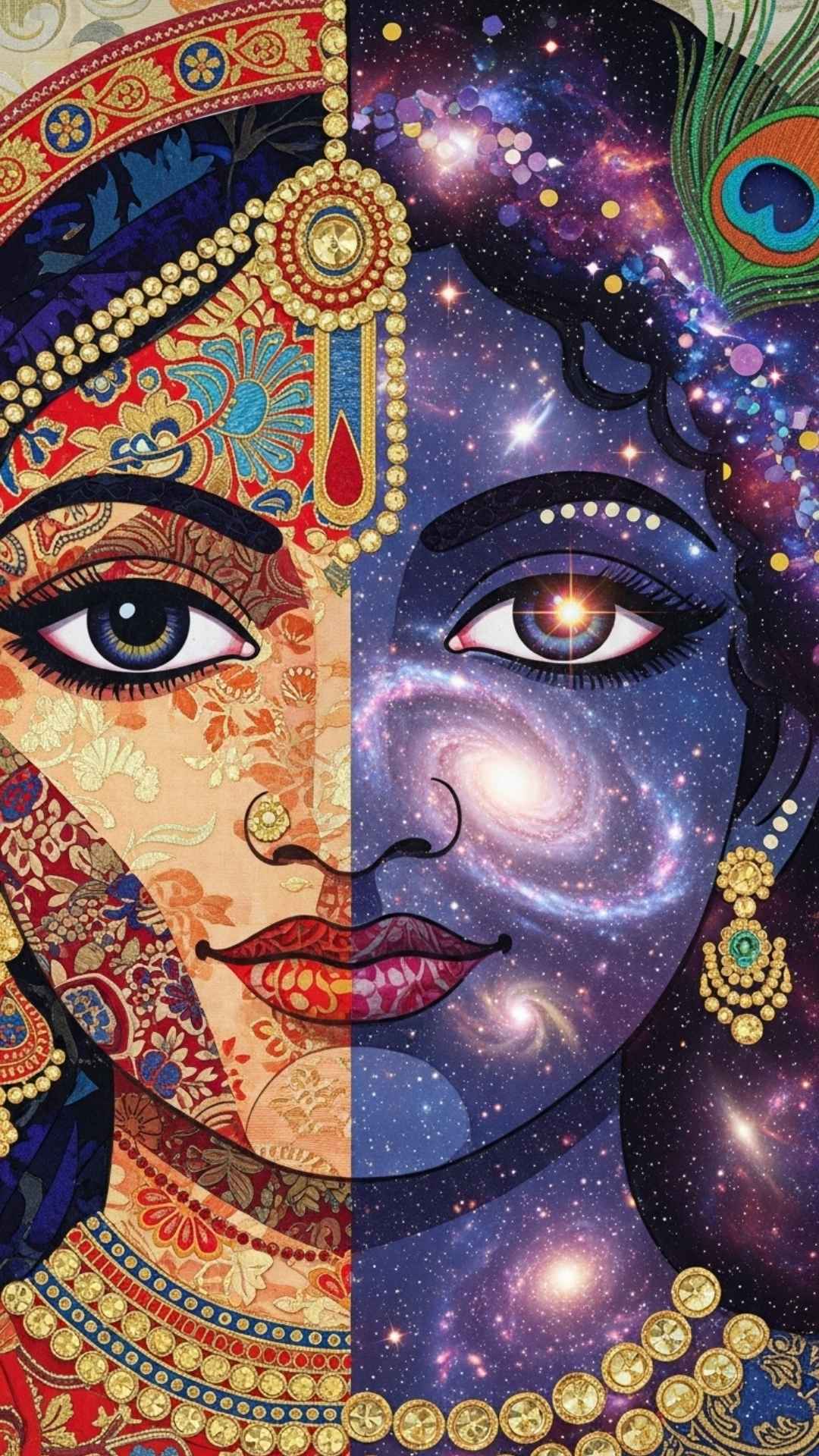 Graphic image of Radha Krishna's neon-glowing intertwined hands, symbolizing futuristic connection and stylized love