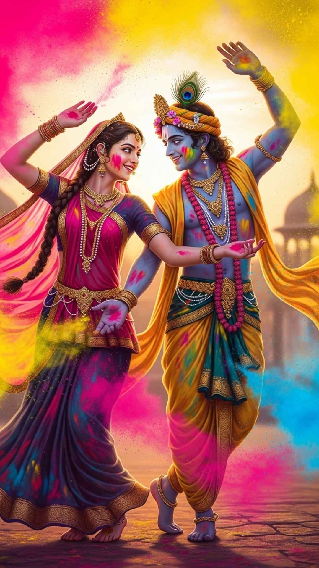 Joyful Radha and Krishna celebrating Holi, symbolizing happy, colorful, and playful love.