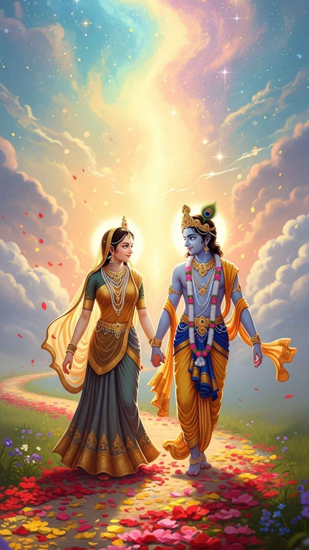 Intertwined hands of Radha and Krishna with mehendi, symbolizing their unbreakable bond and devotion