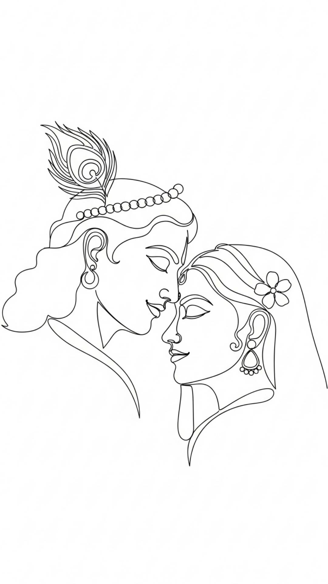 Minimalist line art of Radha and Krishna's profiles, clean and simple design symbolizing eternal bond