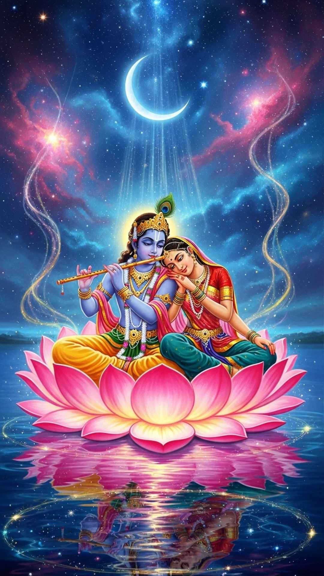 Fantasy art of Radha and Krishna on a lotus, symbolizing divine, cosmic love under a starry sky