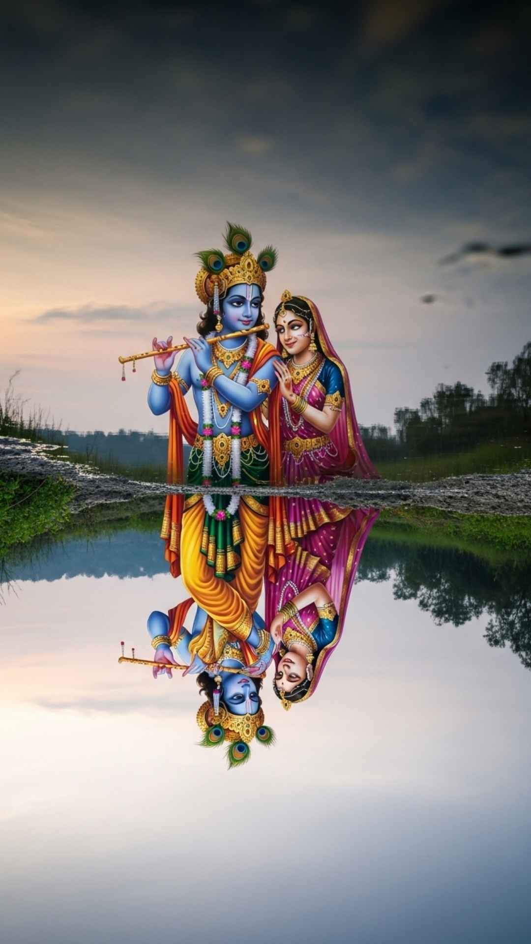 Low-poly art of Radha and Krishna, a modern and stylized geometric representation.