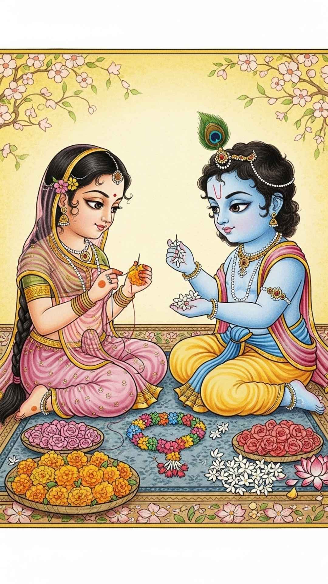 Little Radha and Krishna making a flower garland, a cute and innocent image of shared joy.