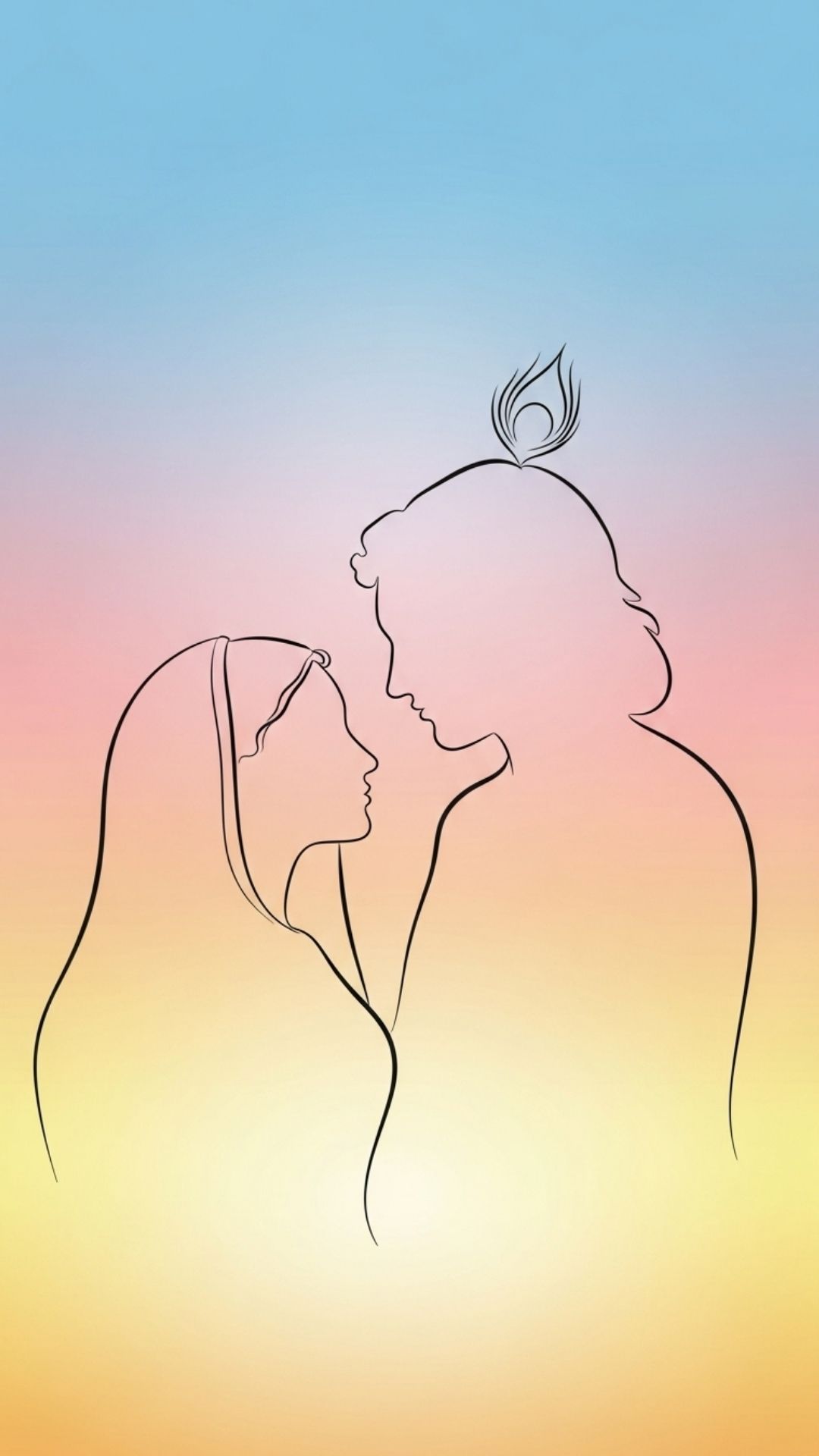 Minimalist silhouette of Radha and Krishna with a soft color gradient, symbolizing abstract love and modern design
