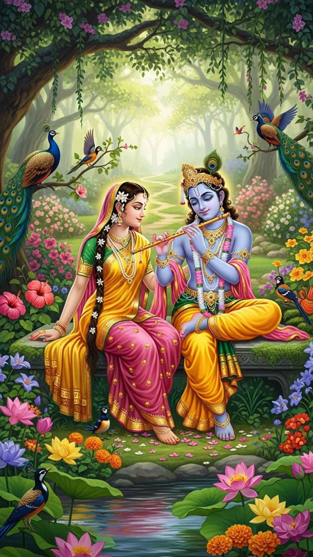 Modern art of Radha and Krishna as a stylish couple, a fusion of traditional symbols and contemporary aesthetic