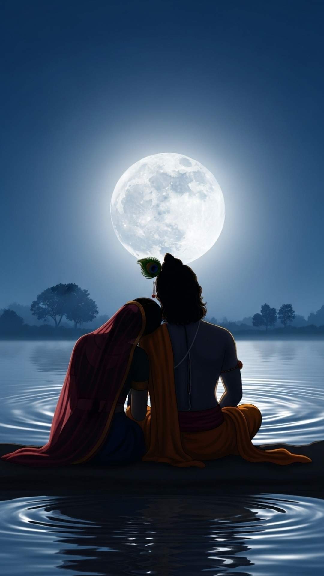 Silhouette of Radha and Krishna watching the moon rise, a serene image of romantic and peaceful love