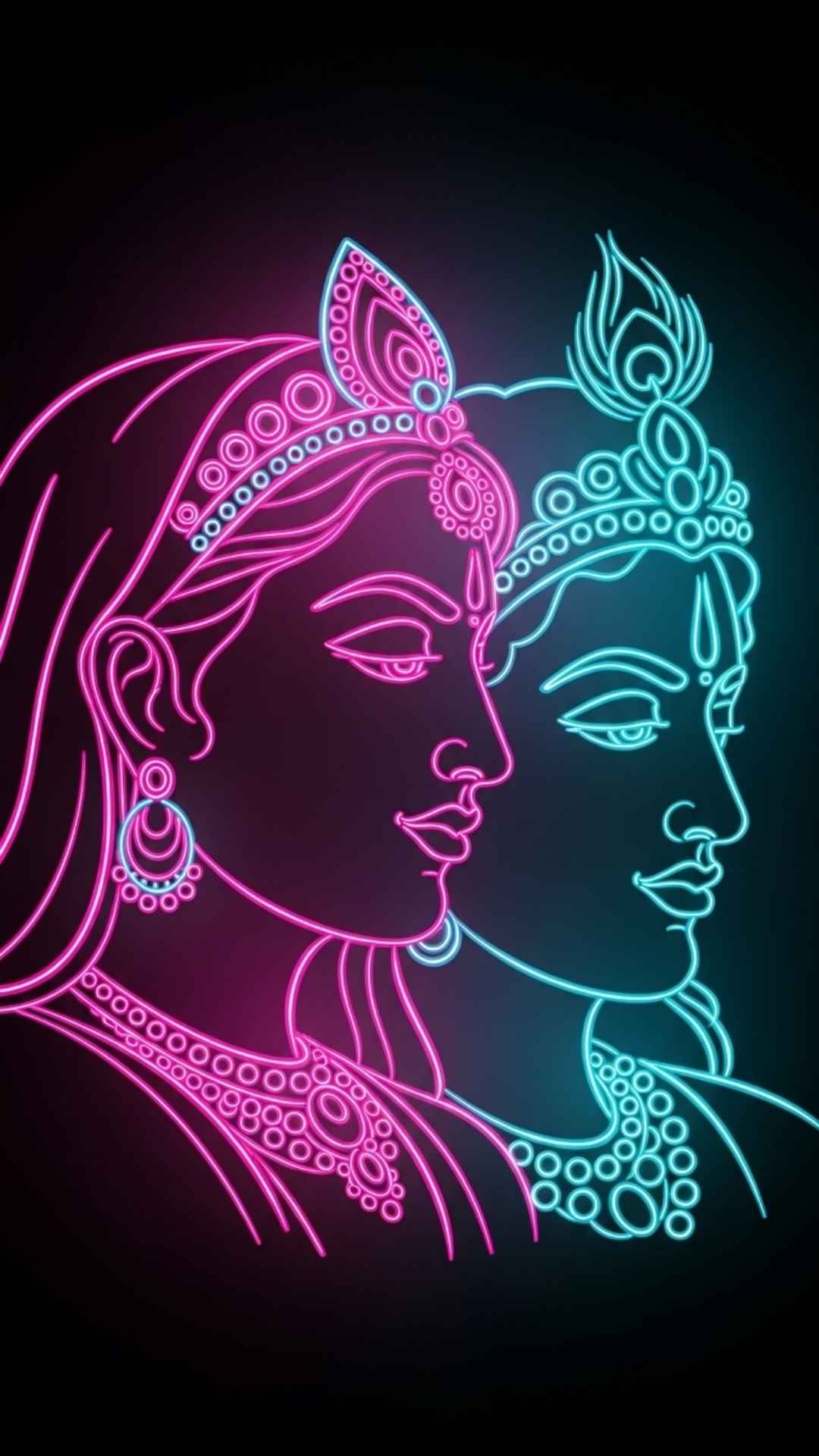 Neon sign illustration of Radha and Krishna's profiles, modern glowing effect against a dark background