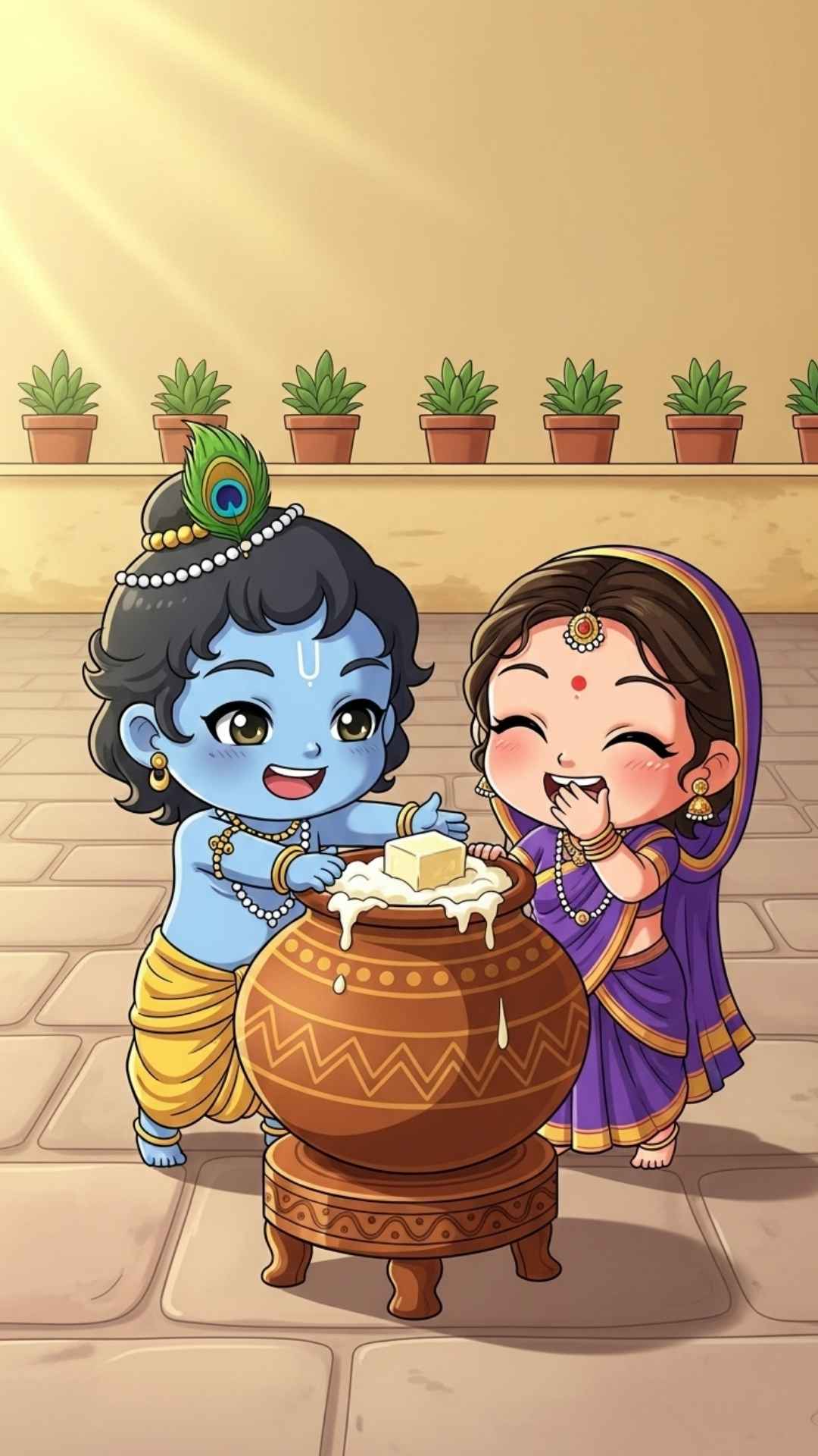 Childlike drawing of Radha and Krishna painting a peacock feather, a minimalist and creative image