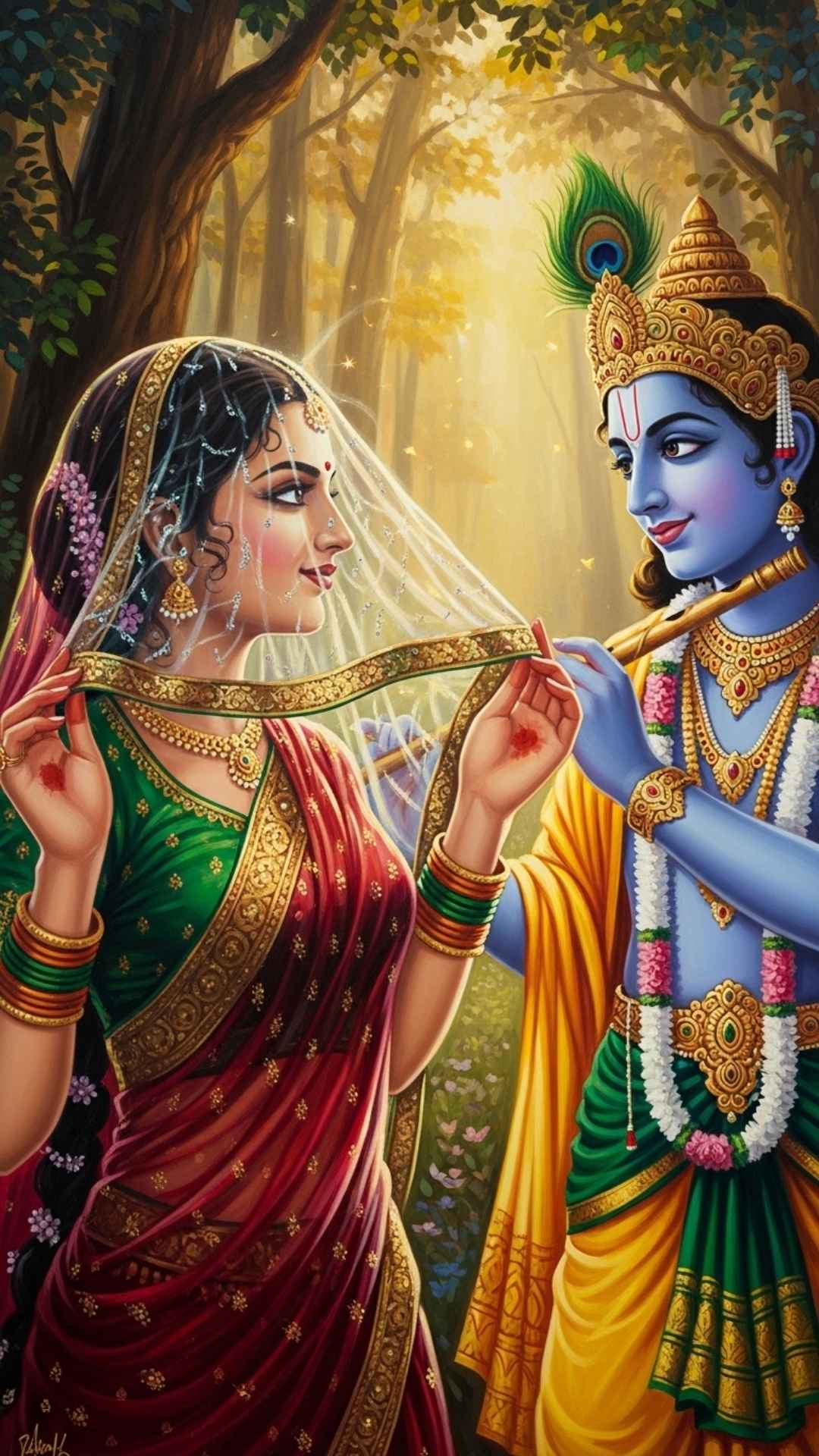 Photorealistic oil painting of Radha and Krishna with a modern veil effect, a timeless and elegant artistic style.