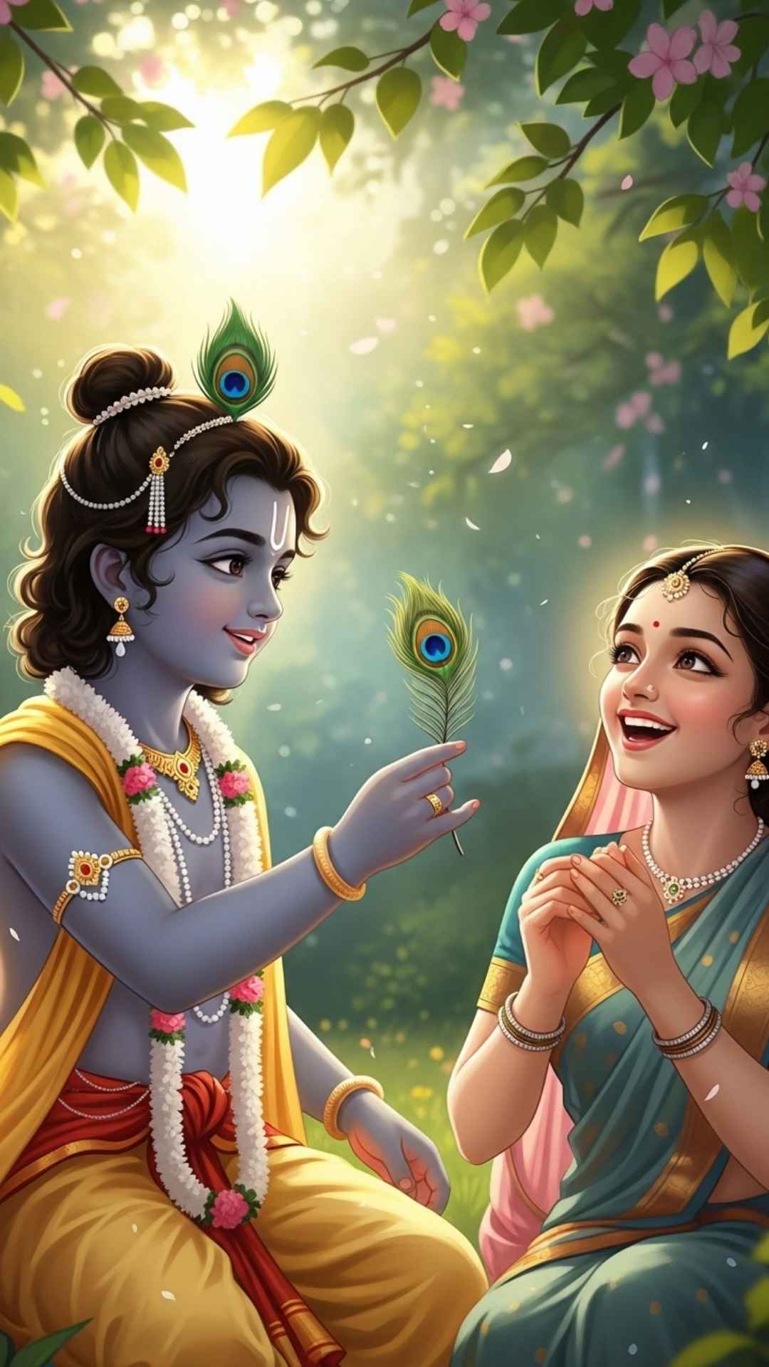 Pop art-style Radha and Krishna with happy, exaggerated expressions, a fun and unique profile picture