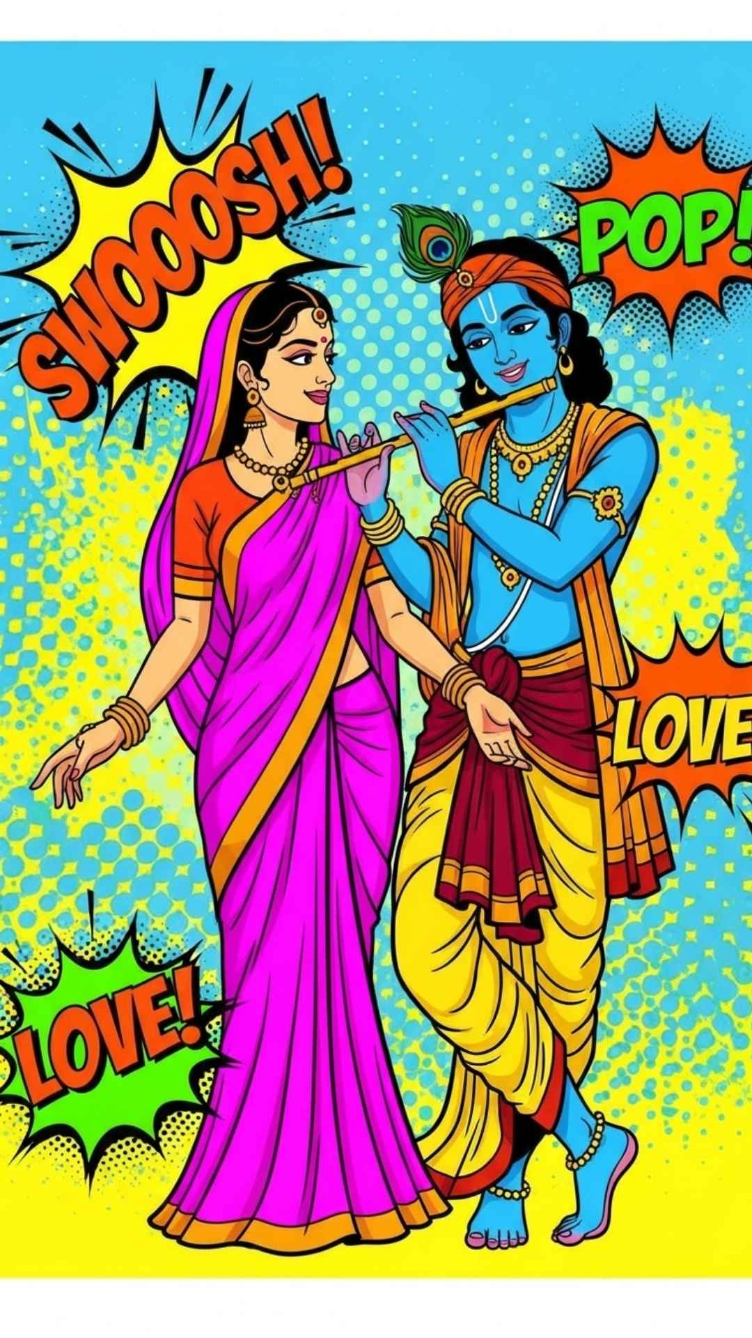 Pop art-style image of Radha and Krishna, vibrant colors and playful mood for a unique DP