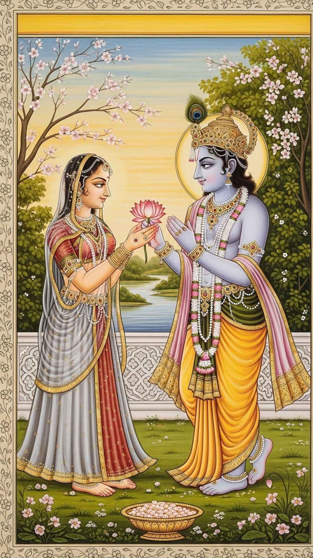 Playful Radha and Krishna racing in a flower field, symbolizing the innocence and joy of their love.