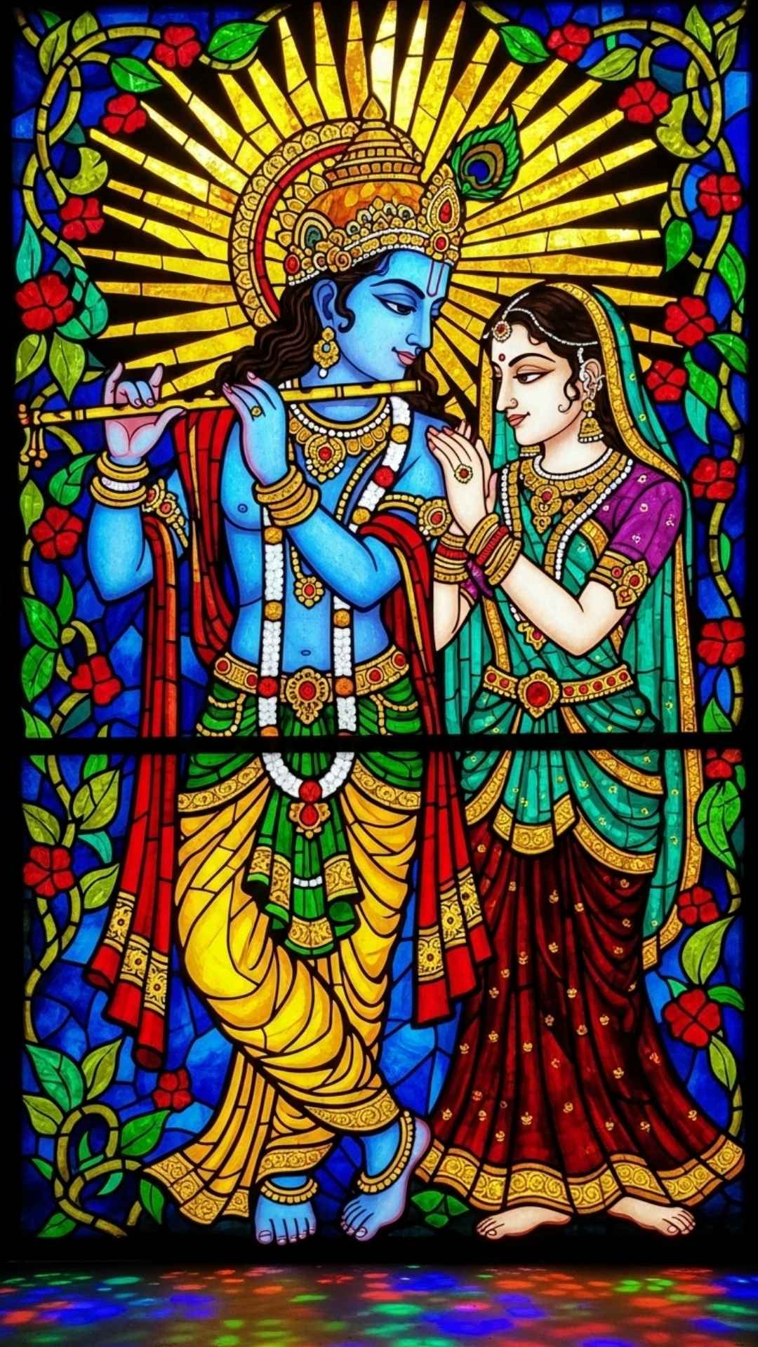 Stained-glass mosaic design of Radha and Krishna, vibrant colors and light effect for a divine wallpaper