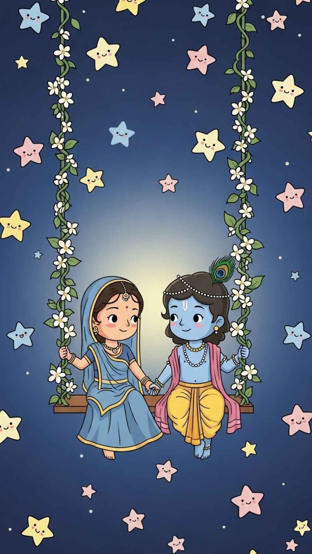 Adorable illustration of Radha Krishna on a swing in the sky, a peaceful and dreamy wallpaper.