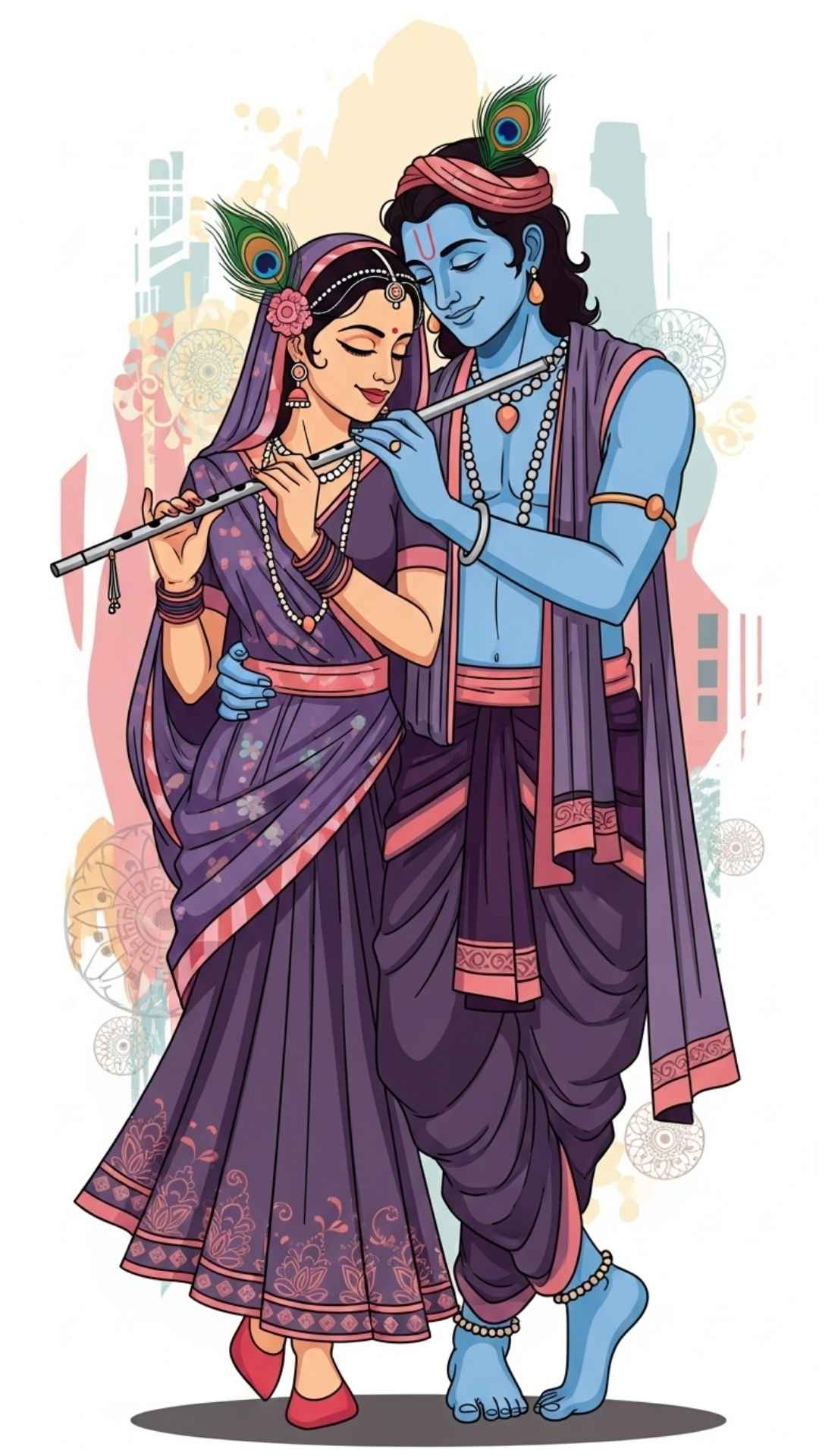 Digital painting of Radha and Krishna in a vibrant Vrindavan garden, symbolizing bliss and natural beauty.