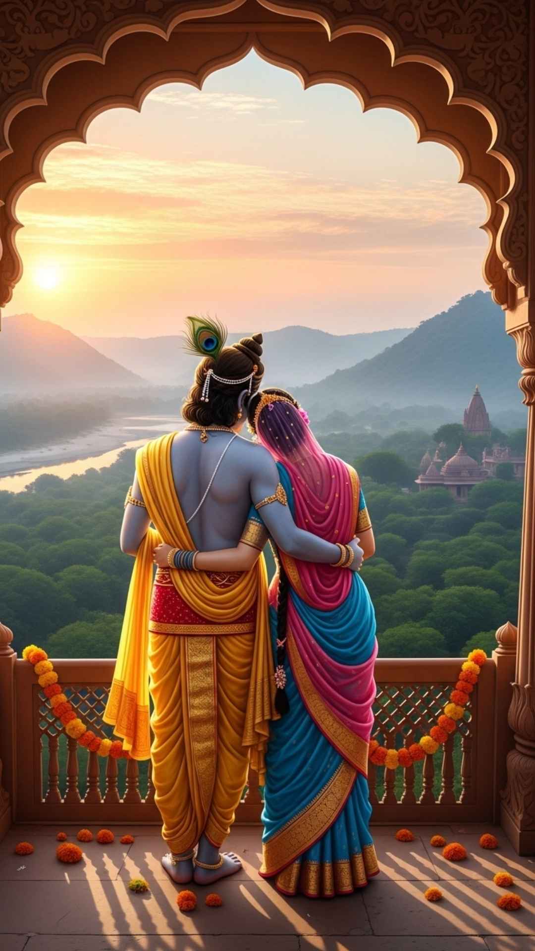 Radha and Krishna from behind, viewing the Vrindavan landscape, symbolizing a shared, contemplative journey.
