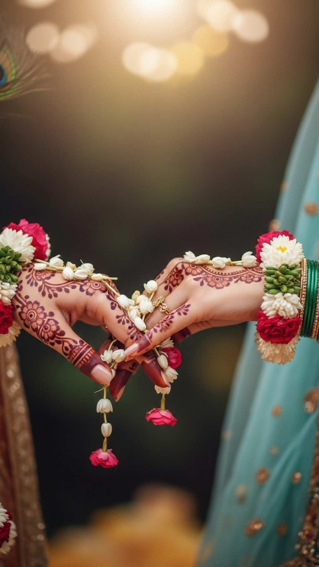 Radha and Krishna holding hands, walking on a petal-covered path, symbolizing their sacred journey together.
