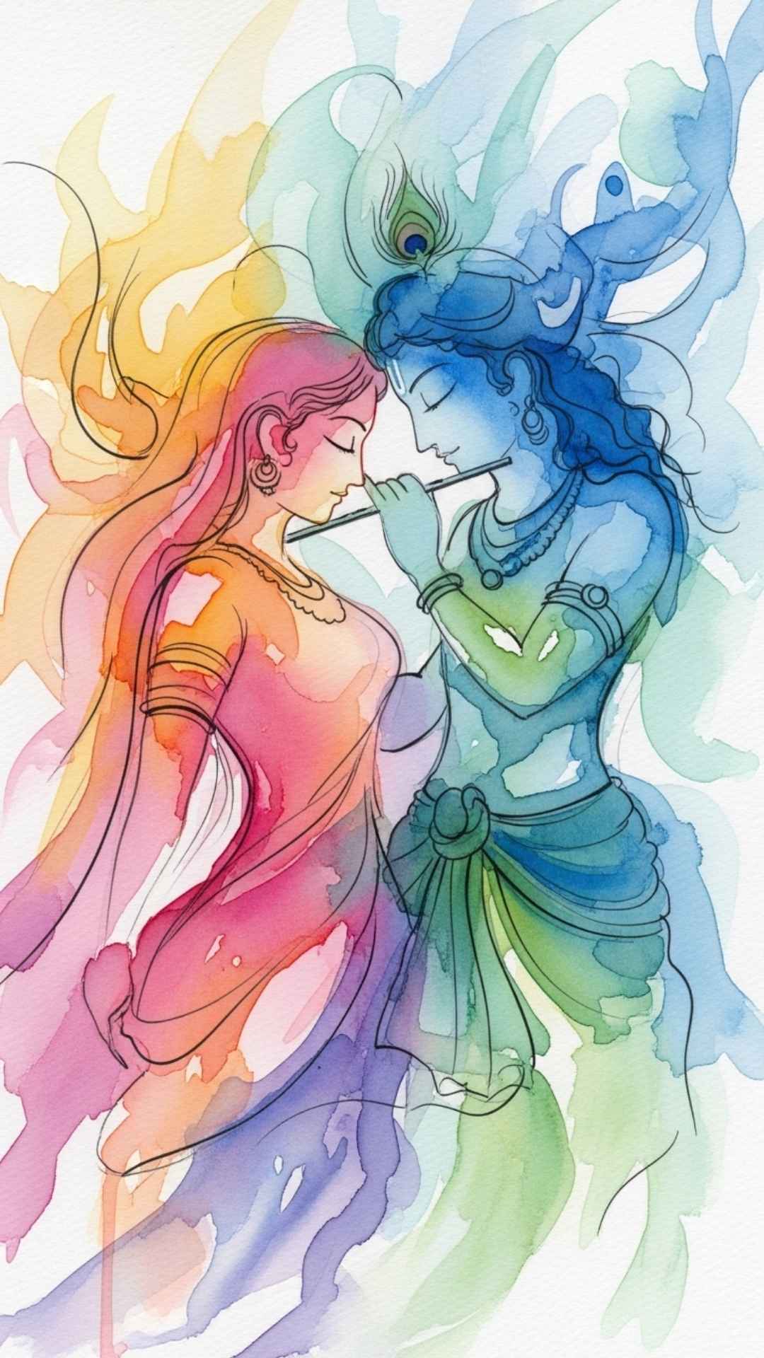 Watercolor painting of Radha and Krishna, soft flowing colors and dreamy style for a serene wallpaper