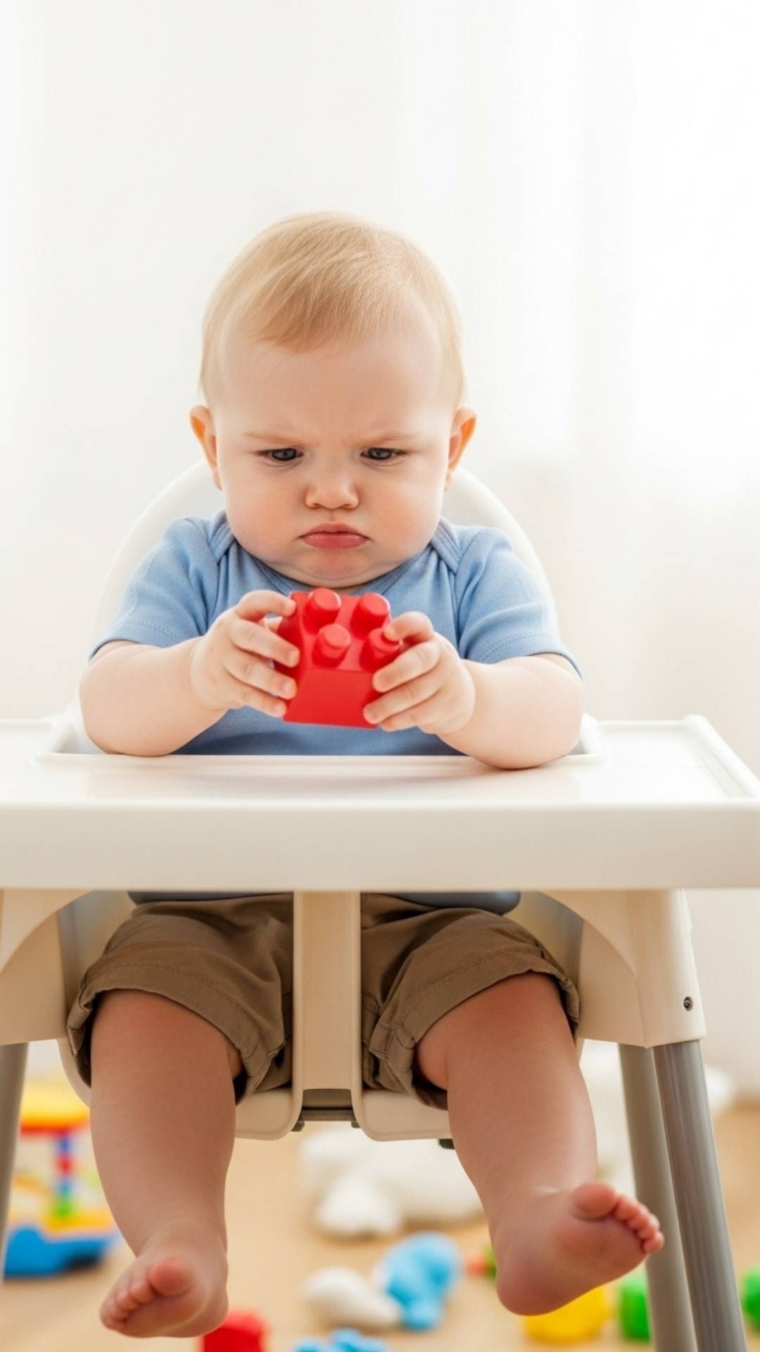 A baby in a high chair with a very serious, concentrated expression, holding a single toy building block as if solving a complex problem